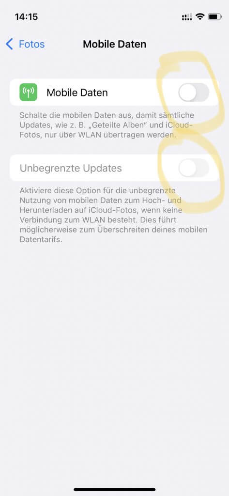iOS 15 Einstellungen: Fotos ncht über mobile Daten in iCloud übertragen