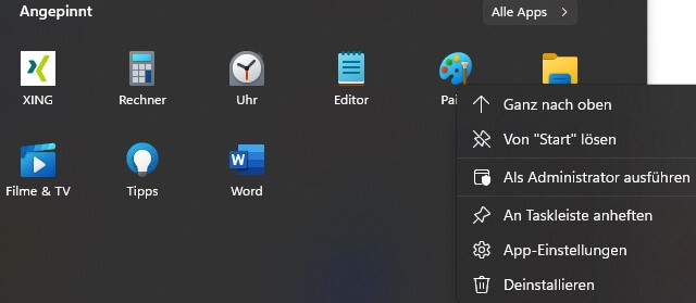 Windows 11 Startmenü angepinnte Apps